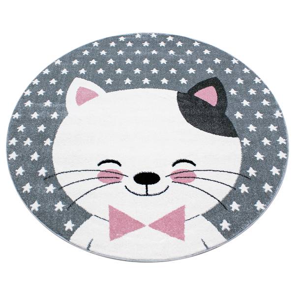 Kinderteppich Kids Katze rund Polypropylene / Polyester - Pink - Durchmesser: 120 cm