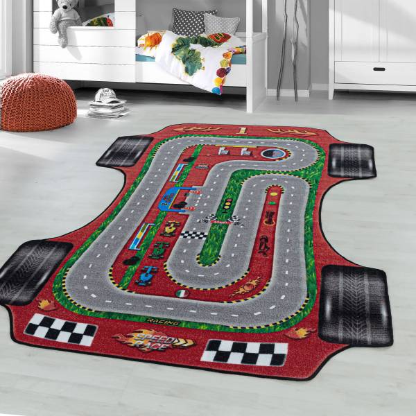 Tapis enfant Play course automobile Polypropylène / Polyamide - Rouge - 80 x 120 cm