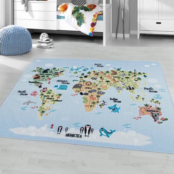 Kinderteppich Play Weltkarte Polypropylene / Polyamide - Blau - 80 x 120 cm