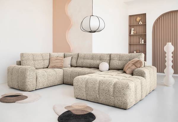 Wohnlandschaft LILU Strukturstoff Purna: Creme - Schwarz - Ecke davorstehend links