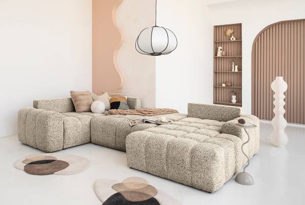 Wohnlandschaft LILU Strukturstoff Purna: Creme - Schwarz - Ecke davorstehend links