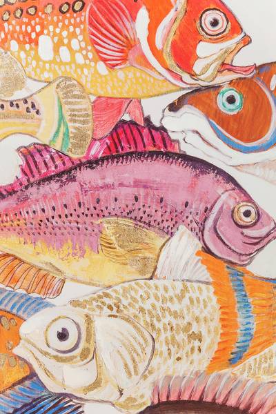 Leinwandbild Fish Meeting Typ B Multicolor - Baumwollstoff - Kaltschaum - 75 x 100 x 3.5 cm