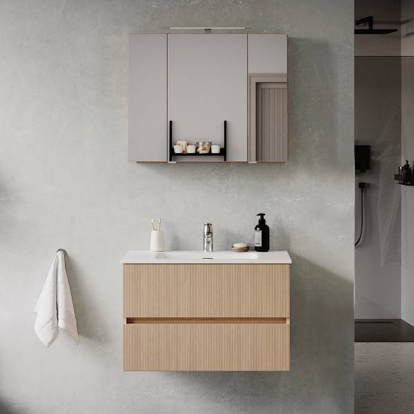 Badkamerset EVERNDEN 2-delig wastafel keramiek - lichte eikenhouten look