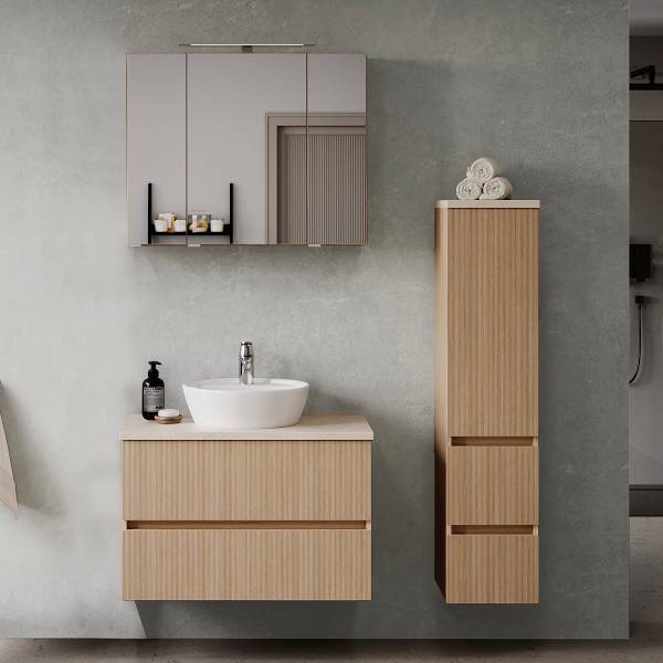 Badkamerset EVERNDEN 3-delig combi F keramiek - lichte eikenhouten look/zandsteen look