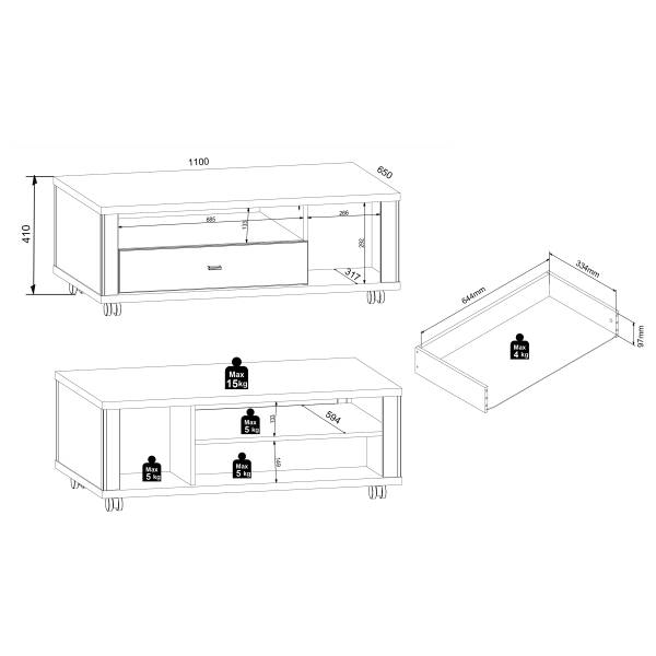 Salontafel op wieltjes Meolia eikenhouten look/wit