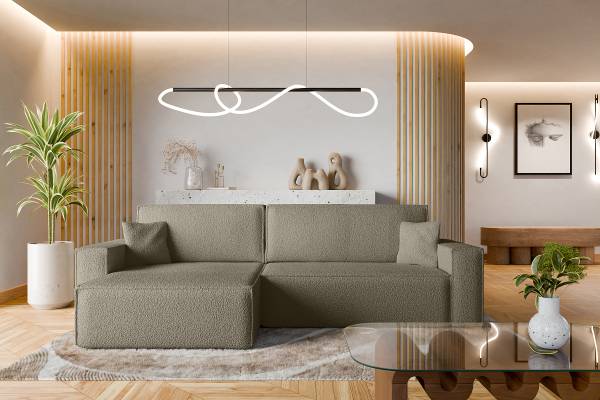 Ecksofa GONDHI mit Schlaffunktion Teddystoff Quila: Braungrau - Breite: 272 cm