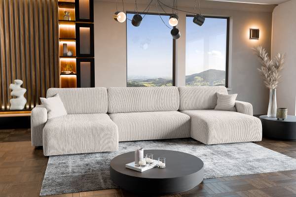 Wohnlandschaft DANO mit Schlaffunktion Cordstoff Poppy: Beige