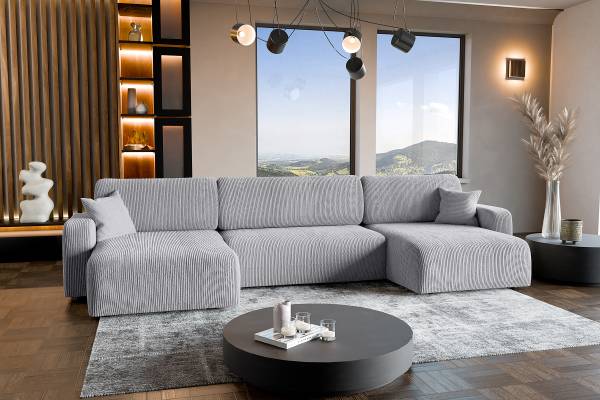 Wohnlandschaft DANO mit Schlaffunktion Cordstoff Poppy: Lichtgrau