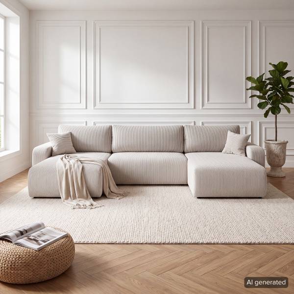 Wohnlandschaft DANO mit Schlaffunktion Cordstoff Poppy: Lichtgrau