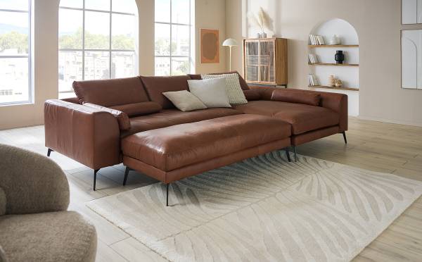 Ecksofa NORLICK Echtleder Arelia: Muskat - Longchair davorstehend rechts