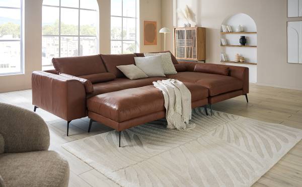 Ecksofa NORLICK Echtleder Arelia: Muskat - Longchair davorstehend rechts