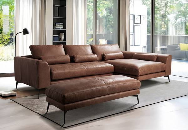 Ecksofa NORLICK Echtleder Arelia: Muskat - Longchair davorstehend rechts