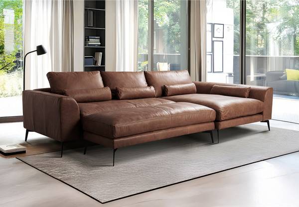 Ecksofa NORLICK Echtleder Arelia: Muskat - Longchair davorstehend rechts
