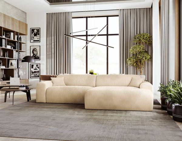 Ecksofa DUPERS mit Longchair Plüsch-Cordstoff Tila: Beige - Longchair davorstehend rechts
