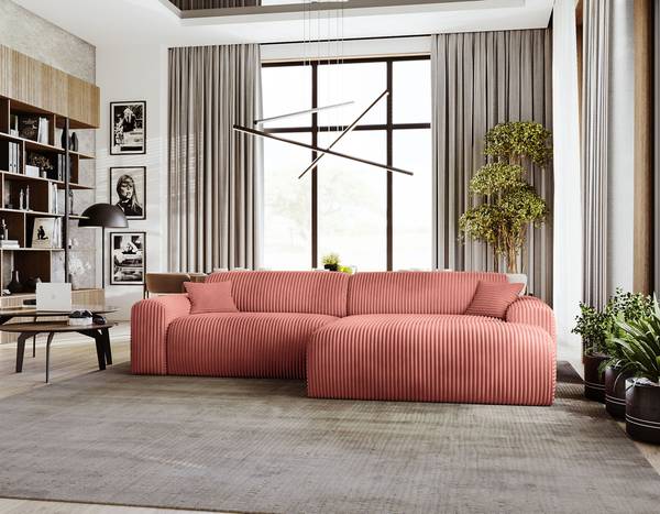 Ecksofa DUPERS mit Longchair Plüsch-Cordstoff Tila: Altrosé - Longchair davorstehend rechts
