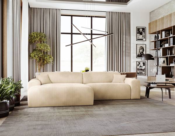 Ecksofa DUPERS mit Longchair Plüsch-Cordstoff Tila: Beige - Longchair davorstehend links