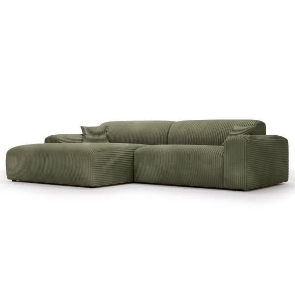 Ecksofa DUPERS mit Longchair Plüsch-Cordstoff Tila: Moosgrün - Longchair davorstehend links