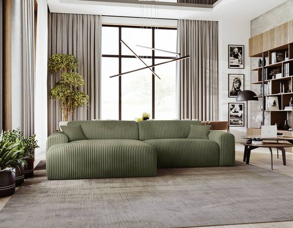 Ecksofa DUPERS mit Longchair Plüsch-Cordstoff Tila: Moosgrün - Longchair davorstehend links