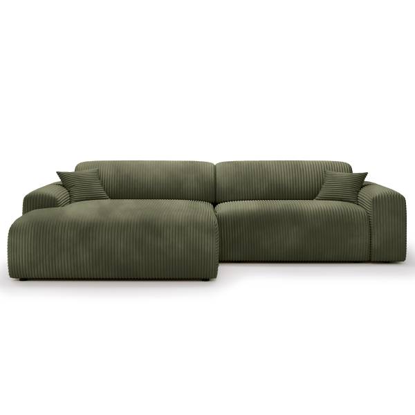 Ecksofa DUPERS mit Longchair Plüsch-Cordstoff Tila: Moosgrün - Longchair davorstehend links