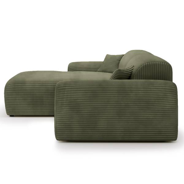 Ecksofa DUPERS mit Longchair Plüsch-Cordstoff Tila: Moosgrün - Longchair davorstehend links