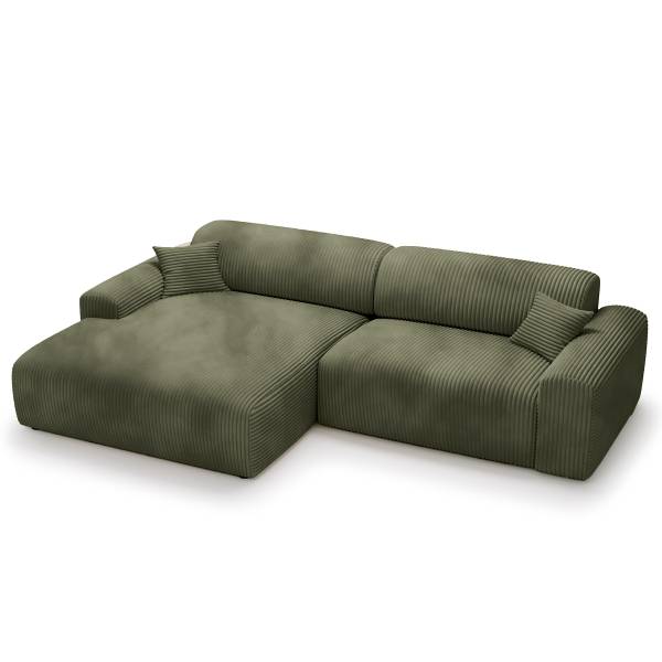 Ecksofa DUPERS mit Longchair Plüsch-Cordstoff Tila: Moosgrün - Longchair davorstehend links