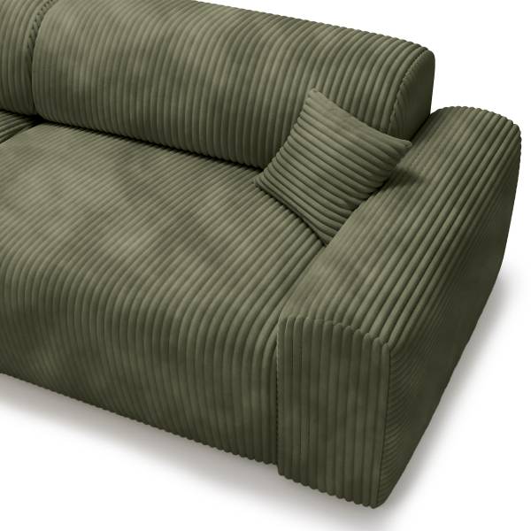 Ecksofa DUPERS mit Longchair Plüsch-Cordstoff Tila: Moosgrün - Longchair davorstehend links