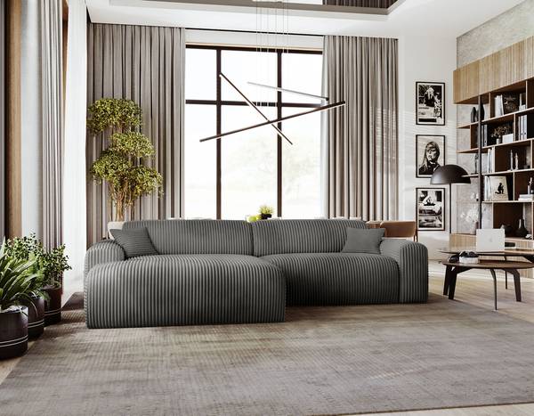 Ecksofa DUPERS mit Longchair Plüsch-Cordstoff Tila: Stahlgrau - Longchair davorstehend links
