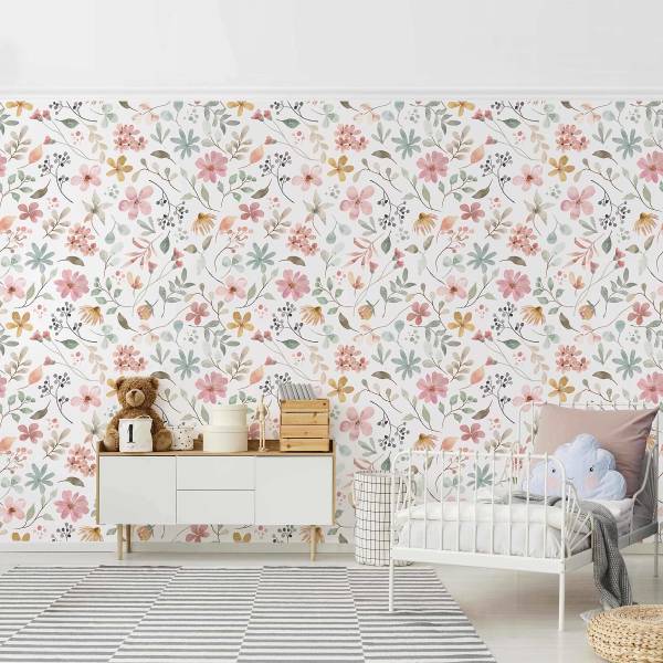 Fototapete Blumen Muster Aquarell Vlies - Mehrfarbig - 192 x 127 cm