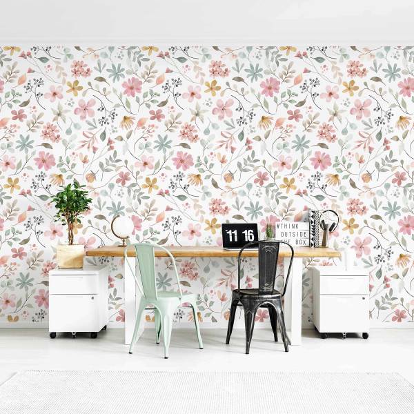 Fototapete Blumen Muster Aquarell Vlies - Mehrfarbig - 192 x 127 cm