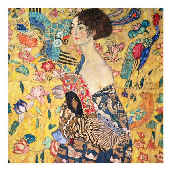 Leinwandbild Dame mit Fächer Canvas /  Fichte massiv - Gelb / Mehrfarbig - 40 x 40 cm