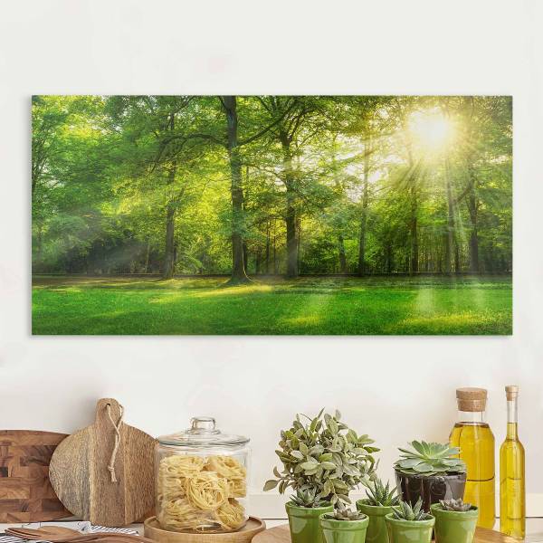Impressions sur toile Promenade en forêt Toile / Épicéa massif - Vert / Multicolore - 60 x 30 cm