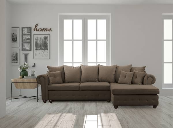 Hoekbank BISURA met chaise longue microvezel Sole: steengrijs - chaise longue vooraanzicht rechts - met slaapfunctie