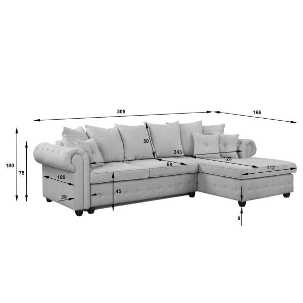 Hoekbank BISURA met chaise longue microvezel Sole: steengrijs - chaise longue vooraanzicht rechts - met slaapfunctie