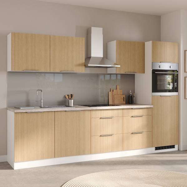Cucina EVERNDEN 300 cm Effetto quercia chiara / Bianco - Senza utensili di cucina - Senza frigorifero