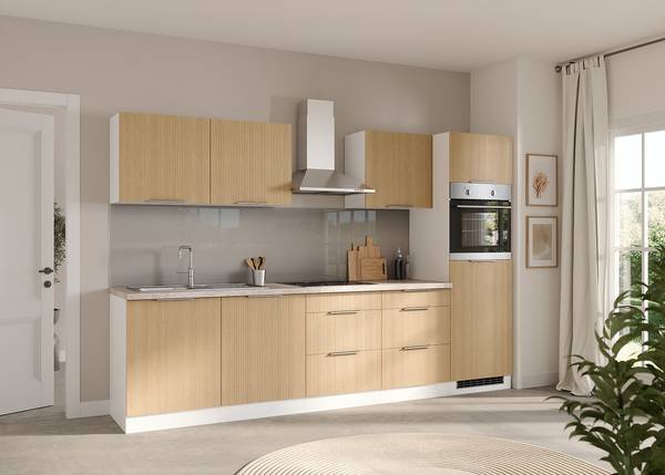 Cucina EVERNDEN 300 cm Effetto quercia chiara / Bianco - Senza utensili di cucina - Senza frigorifero