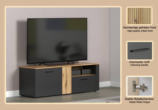 TV-Lowboard Esteban 150 cm Anthrazit / Eiche Evoke Dekor