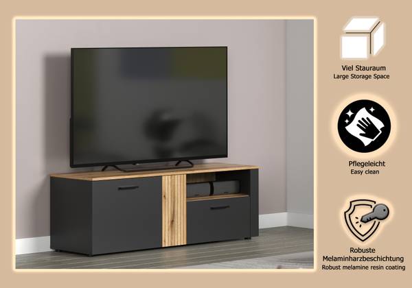 TV-Lowboard Esteban 150 cm Anthrazit / Eiche Evoke Dekor