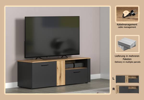 TV-Lowboard Esteban 150 cm Anthrazit / Eiche Evoke Dekor