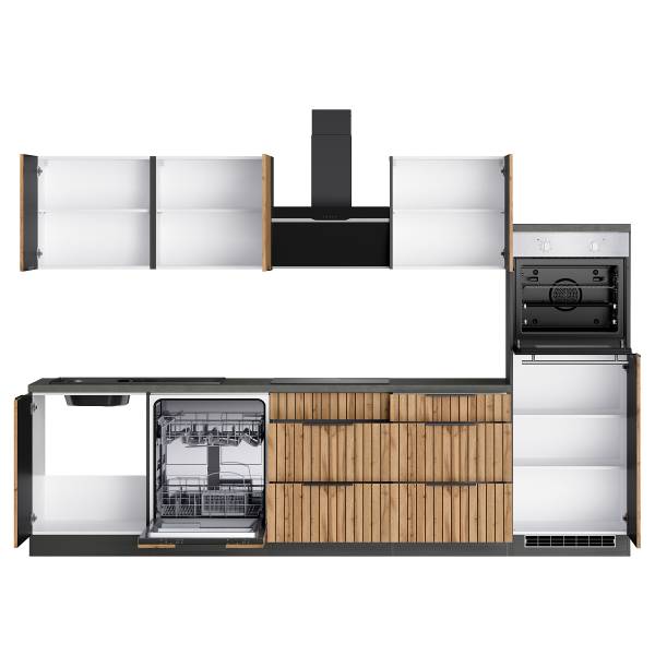 Keukenblok Liverpool zwart Wotan eikenhouten look/grafietkleurig - Breedte: 300 cm - glaskeramiek - met elektrische apparatuur - zonder koelkast