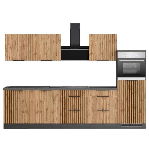 Keukenblok Liverpool zwart Wotan eikenhouten look/grafietkleurig - Breedte: 300 cm - glaskeramiek - met elektrische apparatuur - zonder koelkast