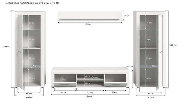 Wohnwand Danti 4-teilig mit 2 Vitrinen Weiß