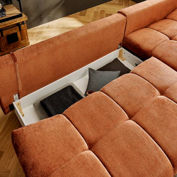 Hoekbank Bulee met slaapfunctie oranje - chenille - 290 x 90 x 182 cm
