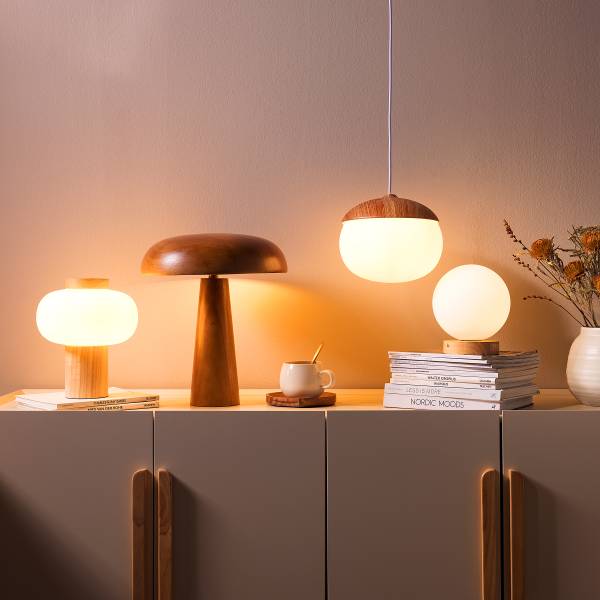 Lampada ricaricabile DENKI Vetro opale / Legno di pino massello - Bianco / Pino chiaro