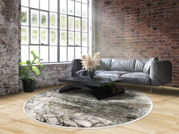 Tapis poils courts Auroras Marmorea rond Viscose / Polyacrylique - Gris / Doré - Diamètre : 200 cm