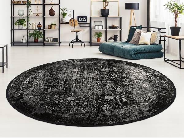 Laagpolig vloerkleed Noir Precision rond viscose/polyacryl - zwart/grijs - Diameter: 240 cm