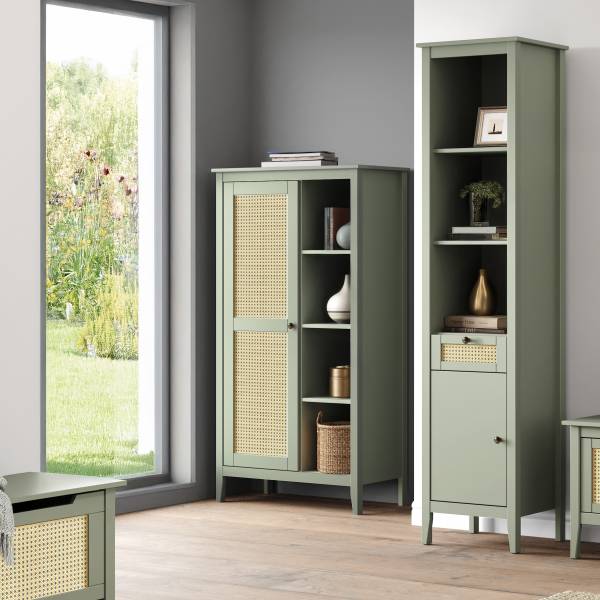 Credenza con scomparti aperti BELLERIA Pino massello / Paglia di Vienna - verde oliva chiaro