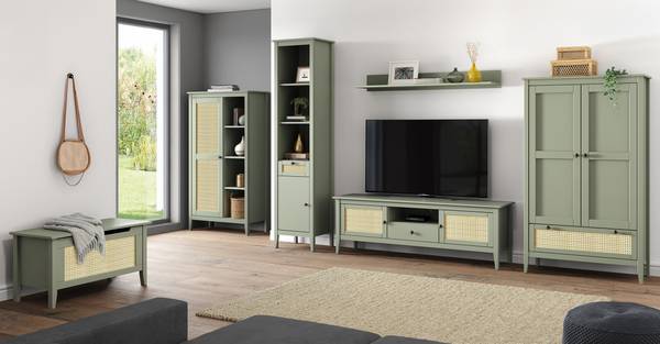 Credenza con scomparti aperti BELLERIA Pino massello / Paglia di Vienna - verde oliva chiaro