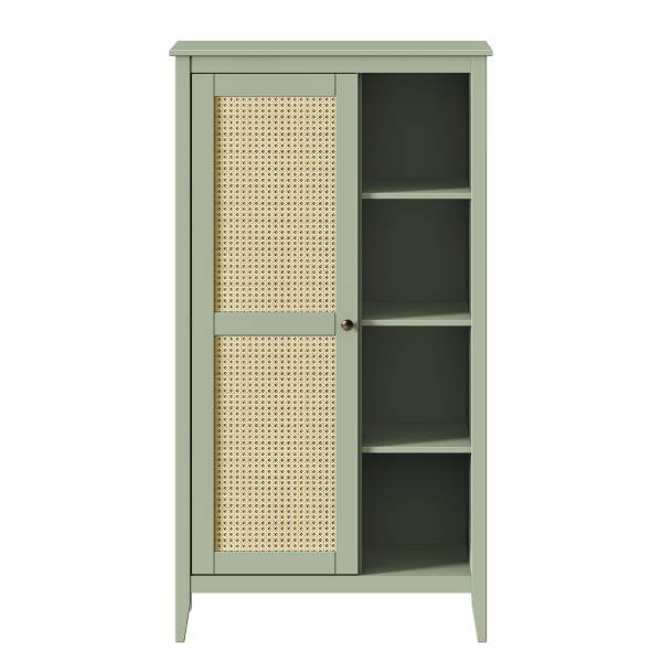 Credenza con scomparti aperti BELLERIA Pino massello / Paglia di Vienna - verde oliva chiaro