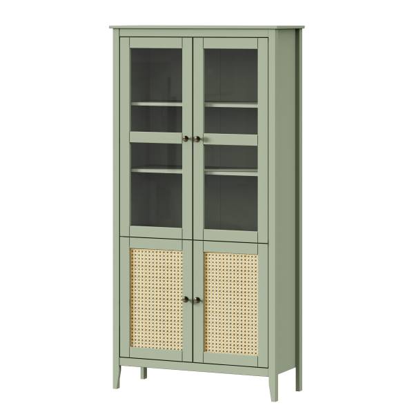 Credenza con vetrina BELLERIA Pino massello / Paglia di Vienna - verde oliva chiaro