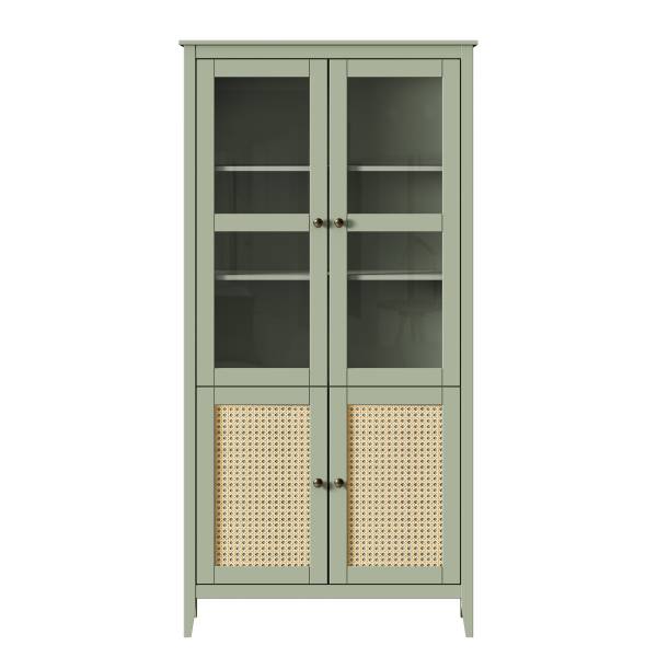 Credenza con vetrina BELLERIA Pino massello / Paglia di Vienna - verde oliva chiaro